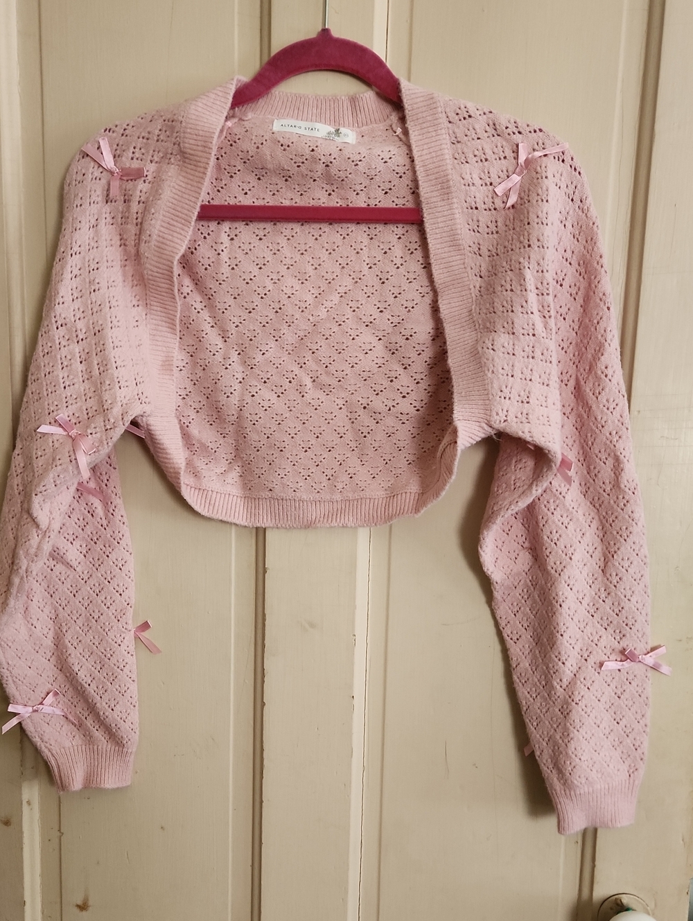 Altar'd State Blush Pink Crochet Bolero with Ribbon Bows